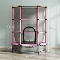 Tappeto Elastico per Bambini con Rete di Sicurezza e Pali Imbottiti Età 3-10 Anni, Ø140 x 190 cm, Rosa