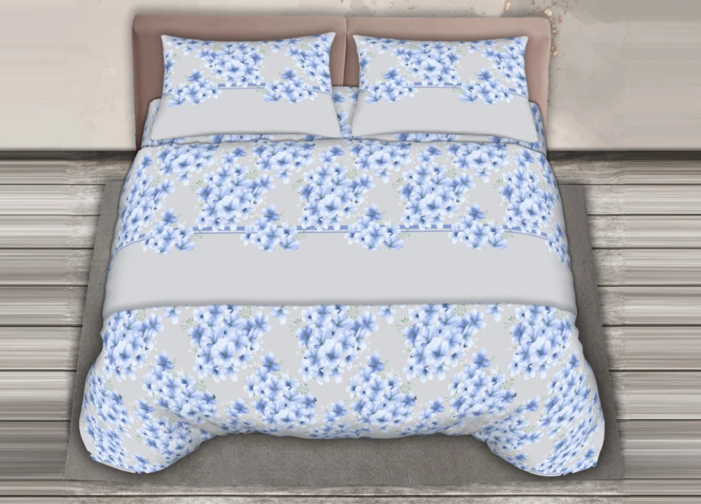 Completo Lenzuola Stiro Facile 100% Cotone Made Italy Effetto Seta Fiorellino - Matrimoniale - Azzurro