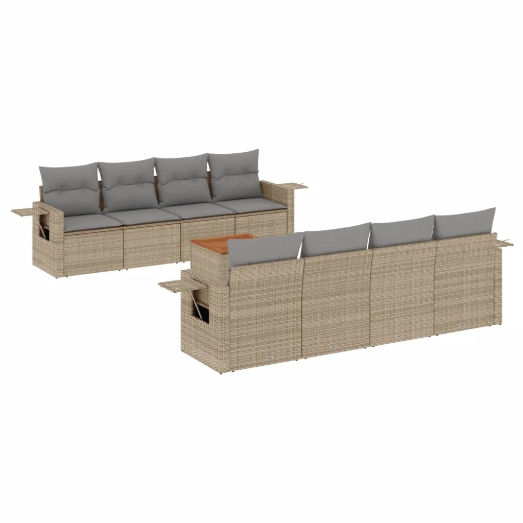 Set Divano da Giardino 9 pz con Cuscini Beige in Polyrattan