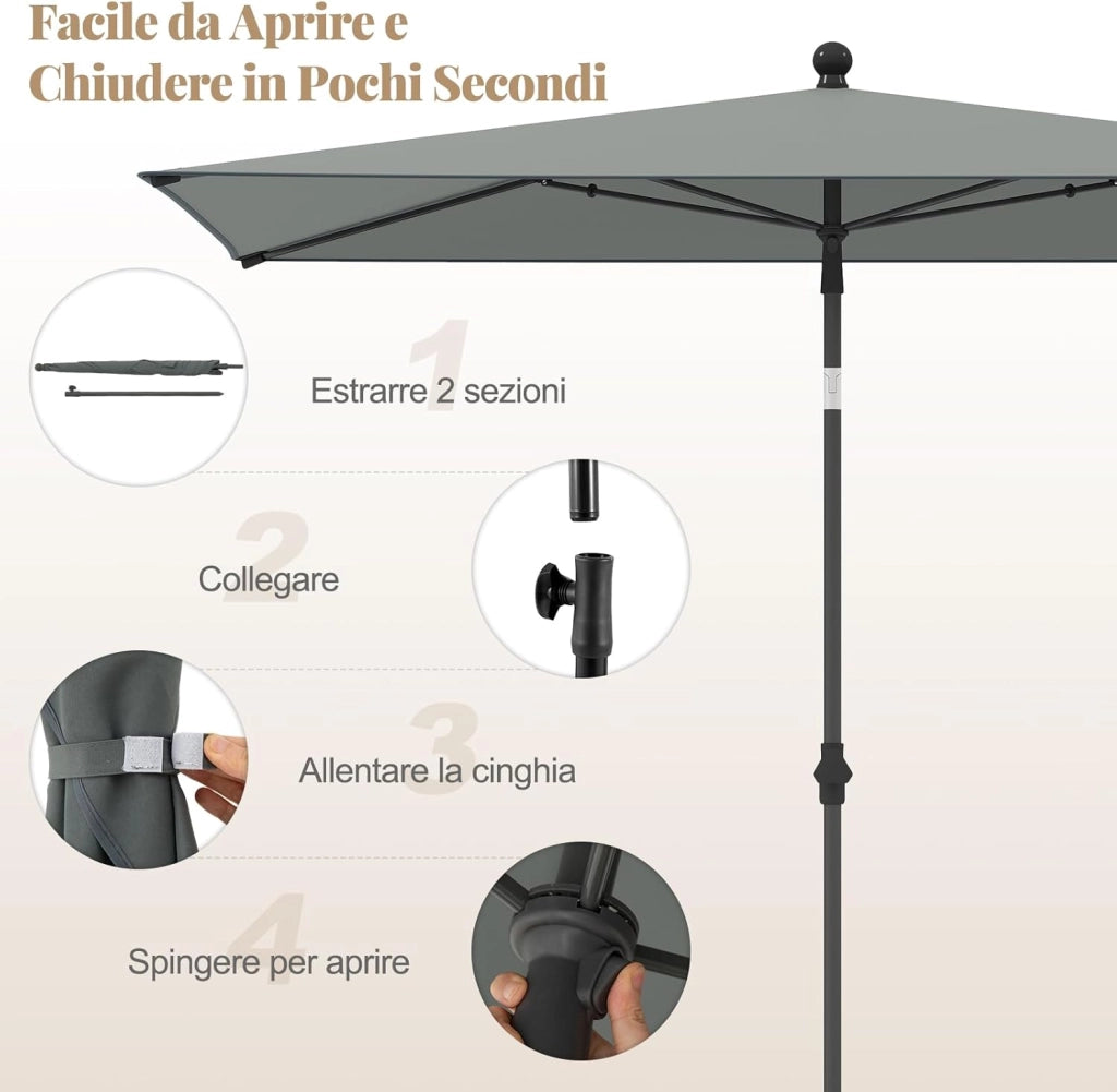 Ombrellone per Patio 213 X 140 cm, Ombrellone Rettangolare da Esterno con Inclinazione Regolabile, Borsa di Trasporto, Parasole Pieghevole per Veranda, Giardino, Piscina, Spiaggia (Grigio)