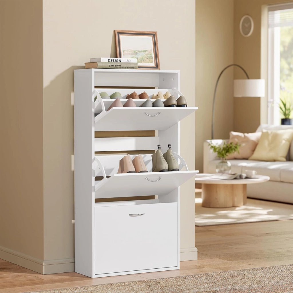 Scarpiera con 3 Cassetti a Ribalta, Portascarpe Stretto con Ripiani Regolabili, Capienza 14-18 Paia, 58x23x118 cm, Bianco, per Corridoio e Soggiorno