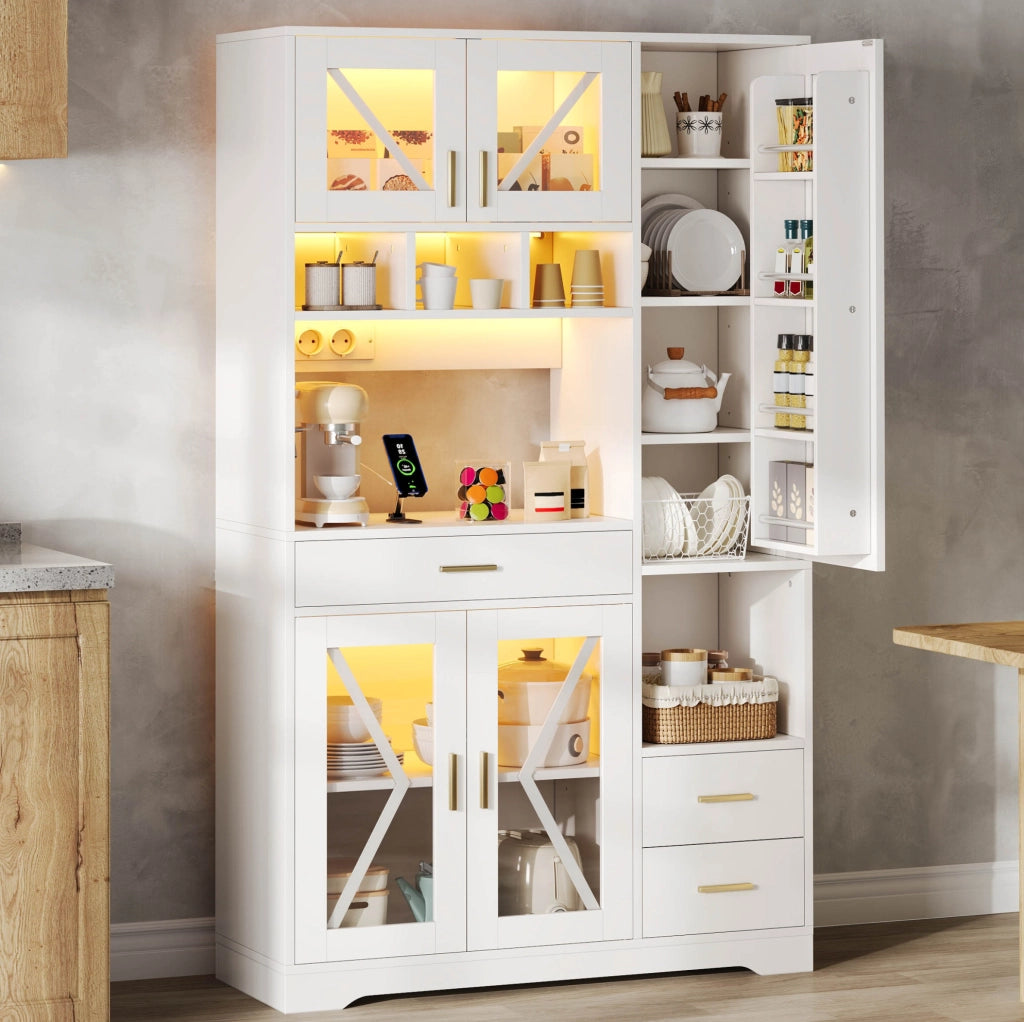 Credenza buffet con LED controllabile da APP; prese USB e AC; 105x40x185 cm; bianco