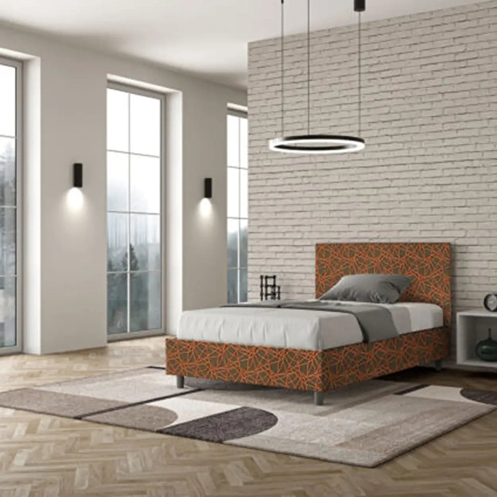 Letto una piazza e mezza con rete imbottito 120x190 tessuto Era 4 arancio Adele