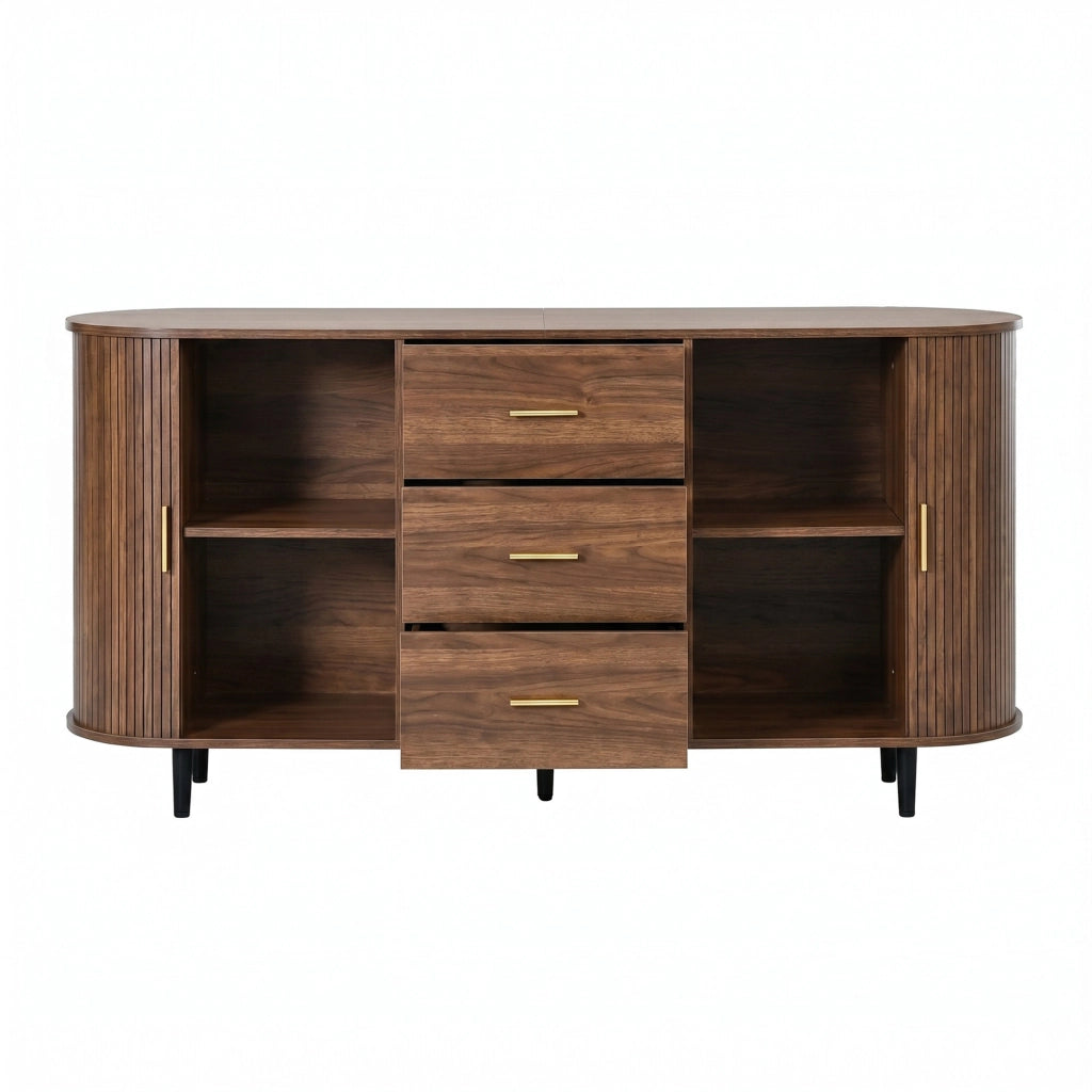Credenza da sala da pranzo, mobile da ingresso, 3 cassetti, ante scorrevoli, piedini in metallo, color noce