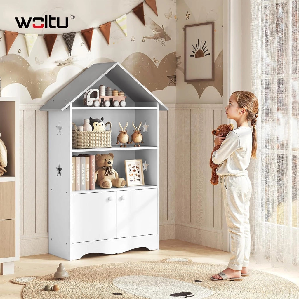 Libreria in Legno per Bambini, Scaffale a Forma di Casa, Porta Giochi Organizzatore per Cameretta, con Ante Bianco + Tetto Grigio 62x27,2x115cm