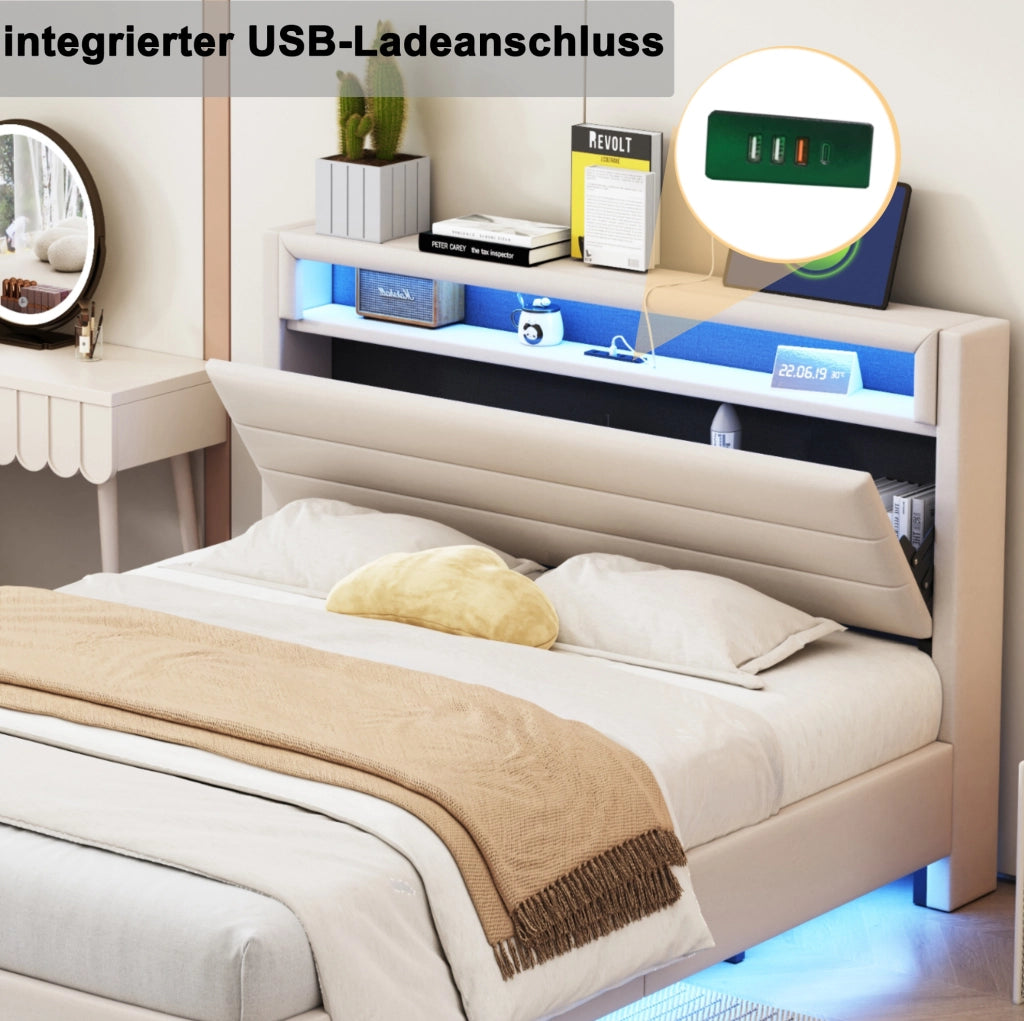Letto matrimoniale imbottito 160x200 cm con USB e LED; testiera ribaltabile; beige