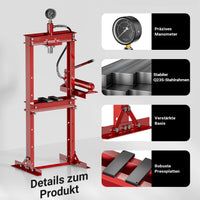 Pressa idraulica da officina 12t Pressa professionale a telaio per cuscinetti con manometro