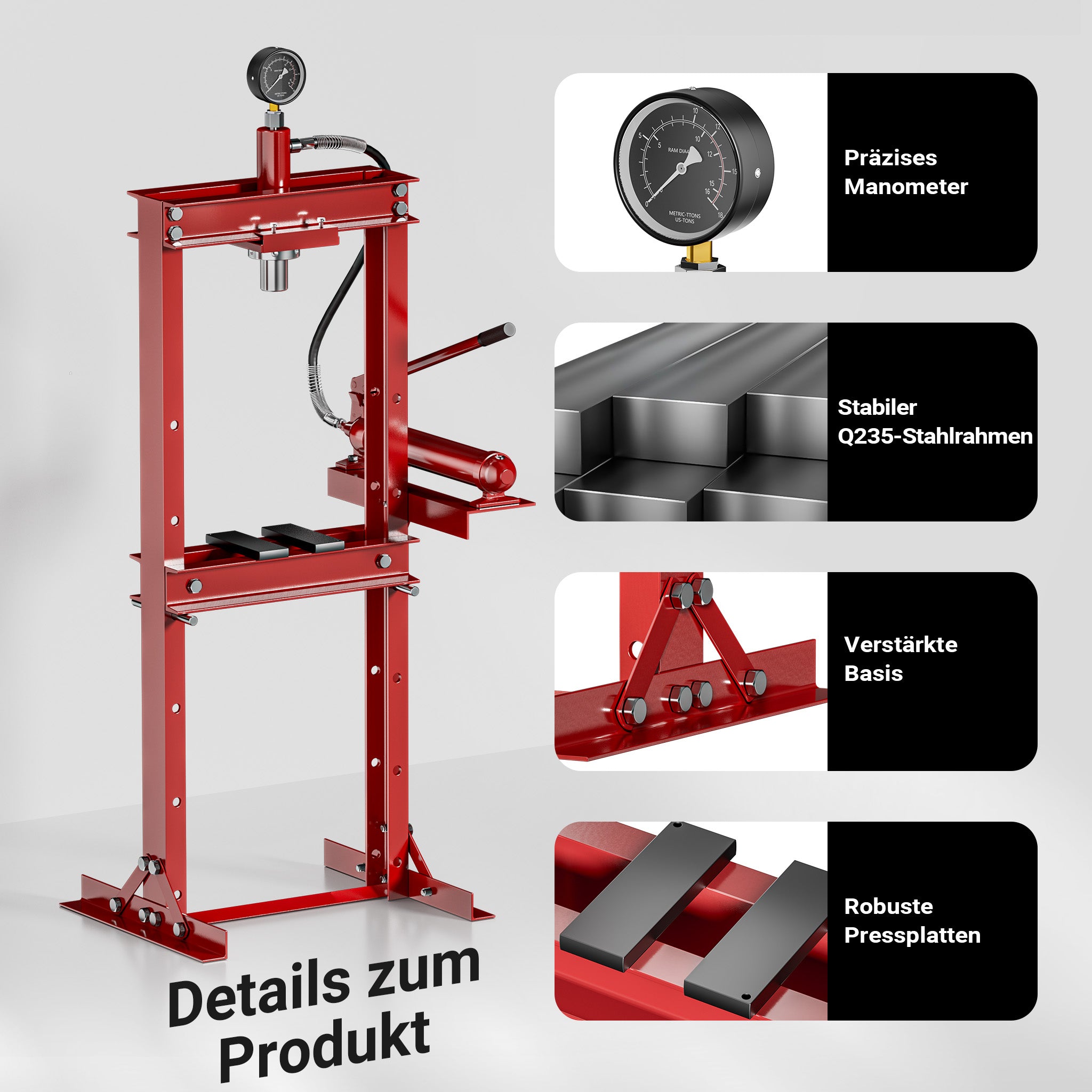 Pressa idraulica da officina 12t Pressa professionale a telaio per cuscinetti con manometro