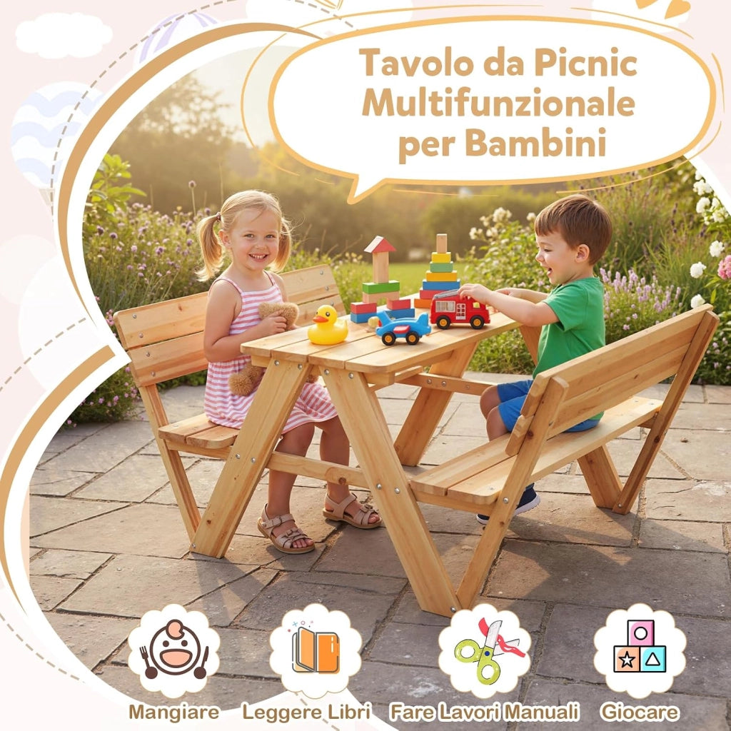 Tavolo da Picnic per Bambini in Legno con 2 Panche Integrate | Set di Tavolo e Sedie per Attività all'Aperto, Mobili per Bambini 3+ Anni per Cortile, Patio e Giardino
