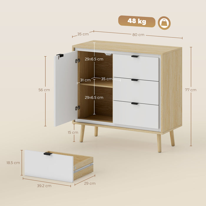 Credenza Moderna con 3 Cassetti e Armadietto Ante Lucide Bianco e Rovere