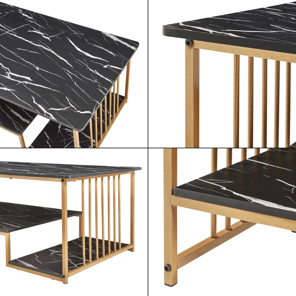 Tavolino Centrale da Salotto Klibro 120x60x42 cm Effetto Marmo Nero / Dorato [en.casa]