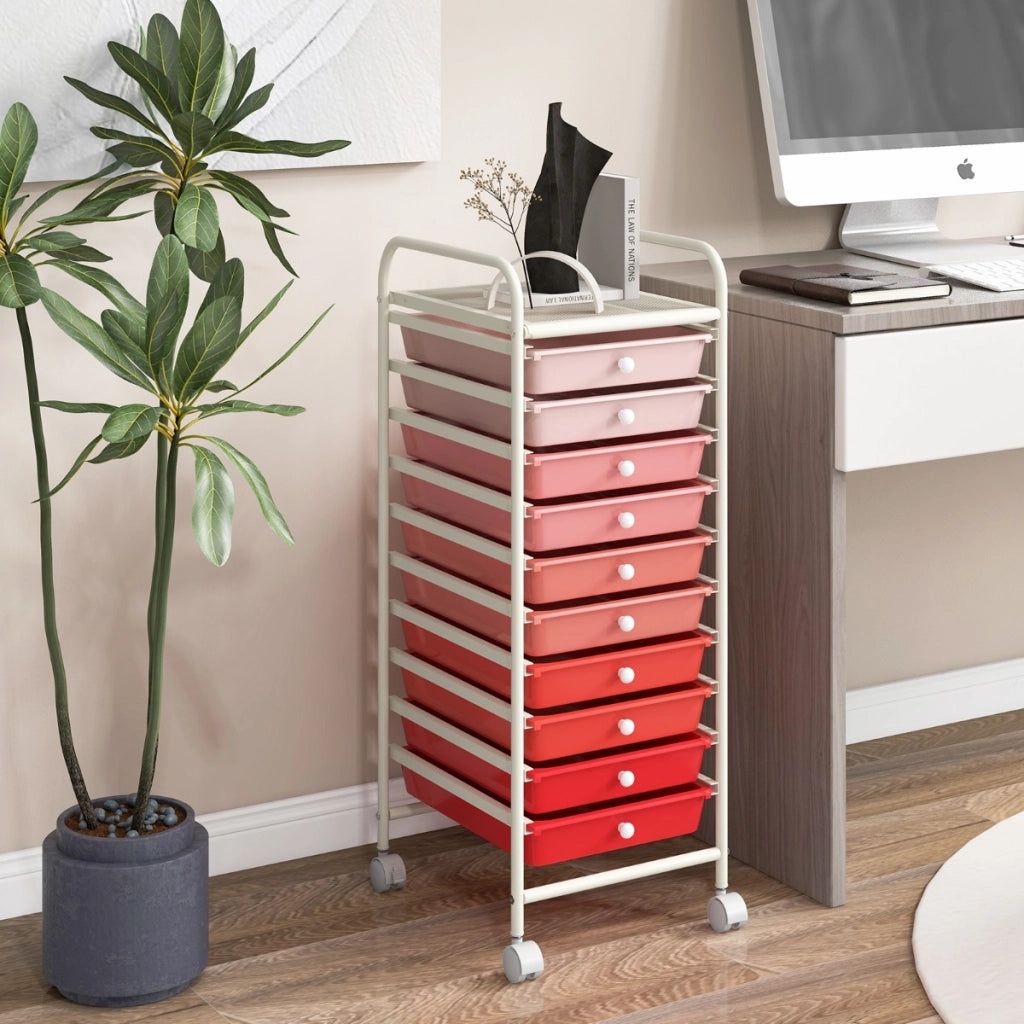 Carrello cassettiera multiuso con 10 cassetti da cucina, Contenitore con ruote a 10 ripiani per bagno Rosa-Armadi da ufficio