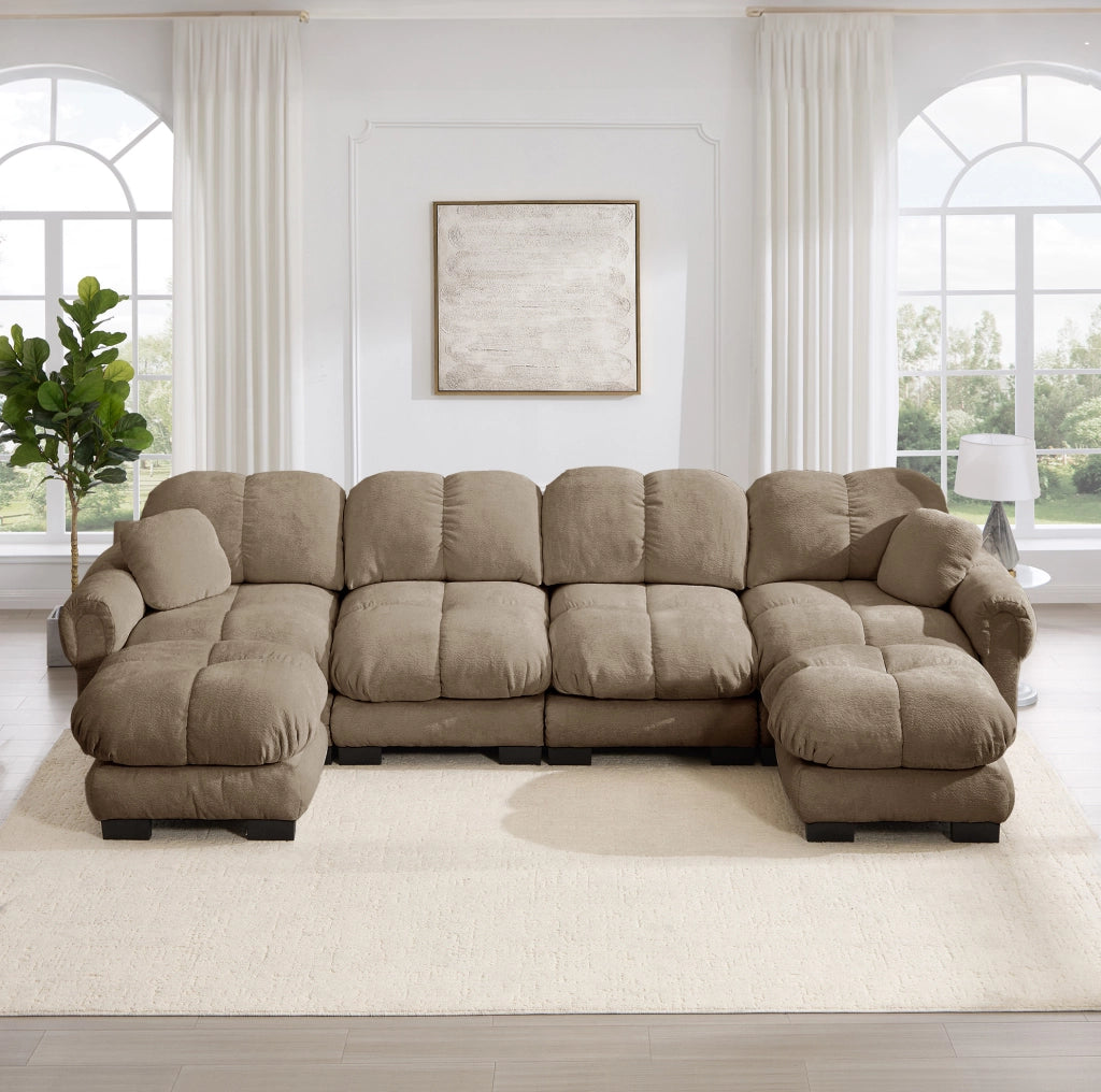 Divano modulare in ciniglia con pouf mobili 330×149×90 cm marrone