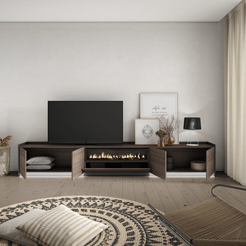 Mobile TV Soggiorno, 310x50x37 cm, Per TV fino a 80", Camino elettrico, LED, Rovere scuro e Nero