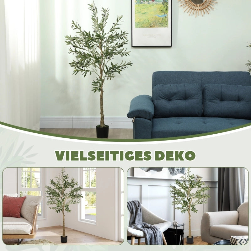Pianta artificiale, ulivo artificiale, 150 cm, 720 foglie, 40 olive, vaso robusto, pianta decorativa, verde