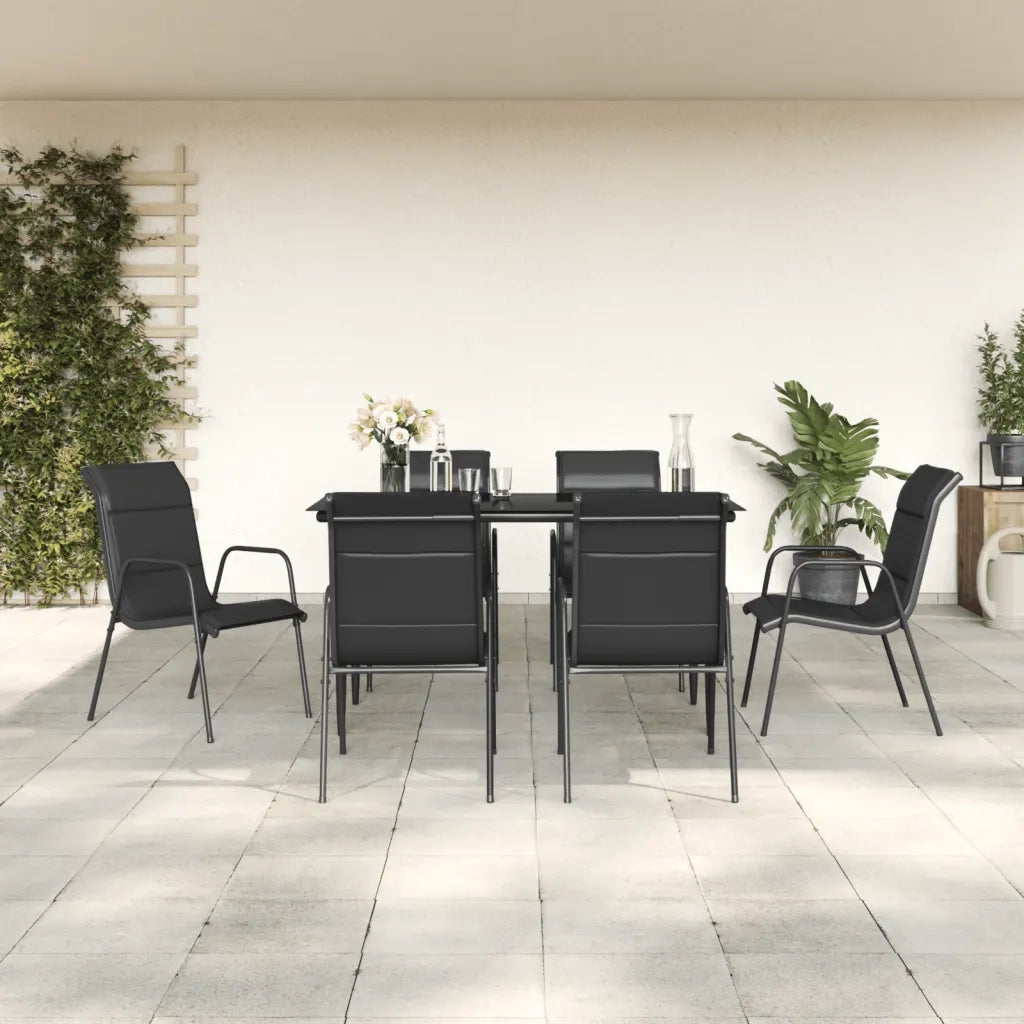 Set da Pranzo da Giardino 7 pz Nero in Acciaio e Textilene