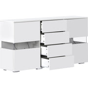 Credenza led con 2 ante in acrilico e 4 cassetti; per soggiorno e sala da pranzo; bianco; 140 × 35 × 72 cm
