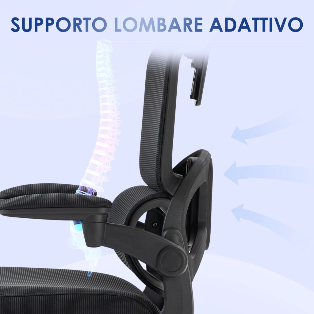Sedia da Ufficio ad Altezza Regolabile con Inclinazione e Supporto Lombare, 62x58x120-133 cm, Nera