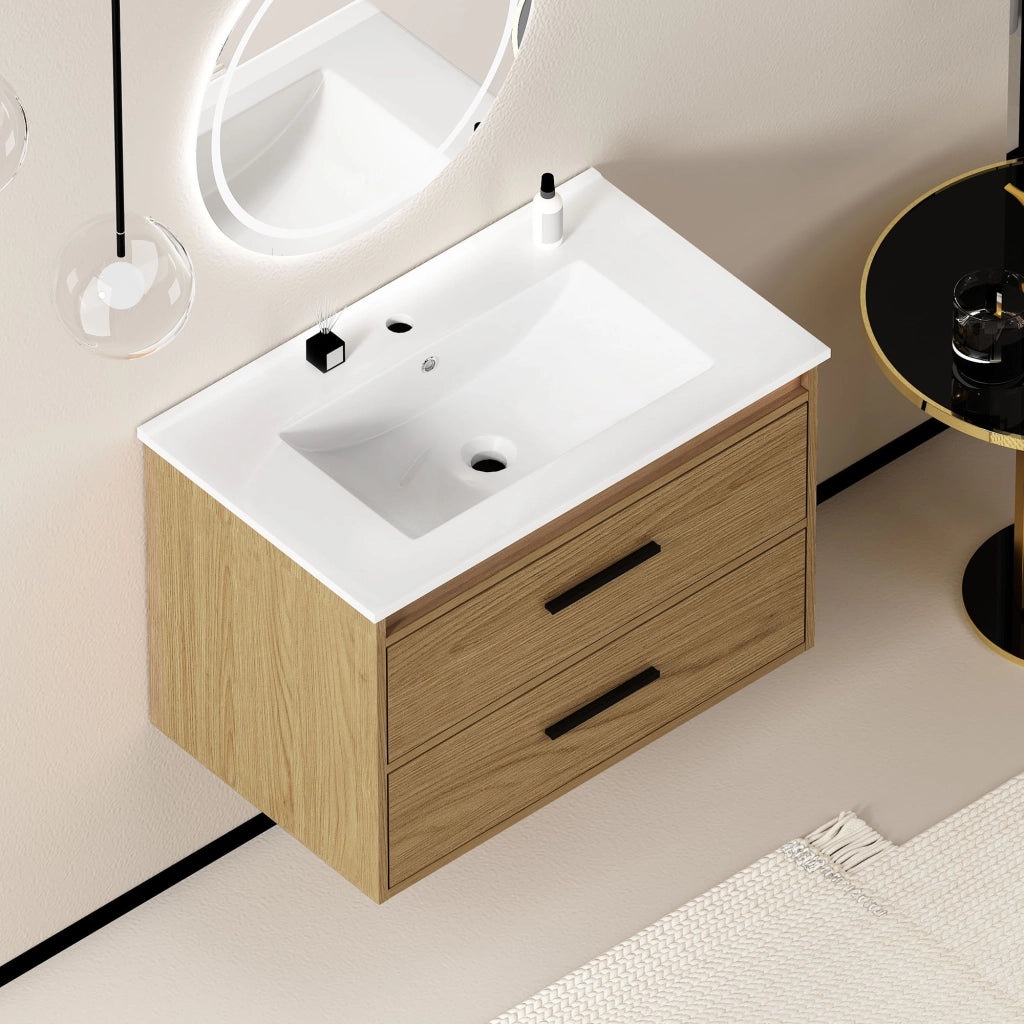 Mobile bagno con lavabo 75 cm; 2 cassetti; MDF e Ceramica; Rovere Chiaro