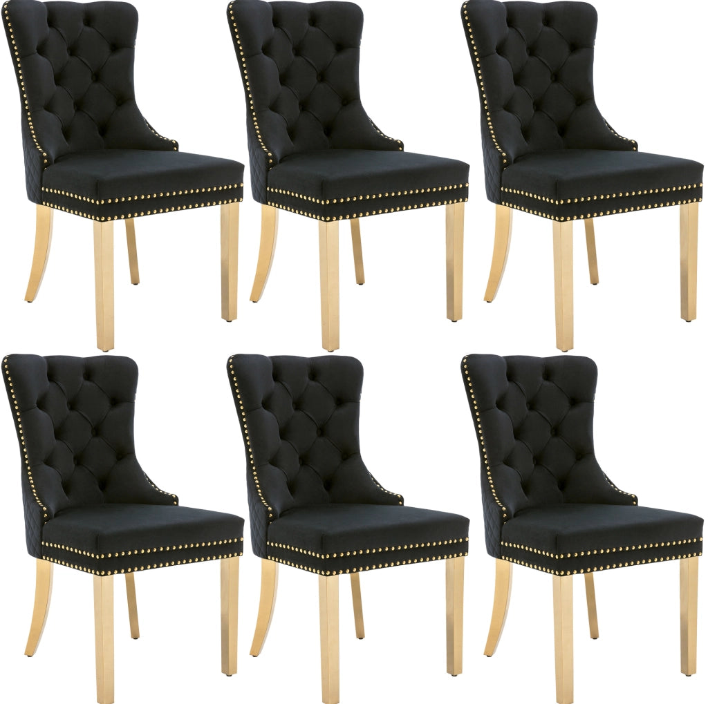 Set di sedie da pranzo in velluto nero con gambe dorate