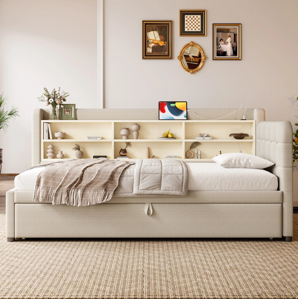 Letto estraibile 90x200 cm con USB/Type-C e ripiani beige
