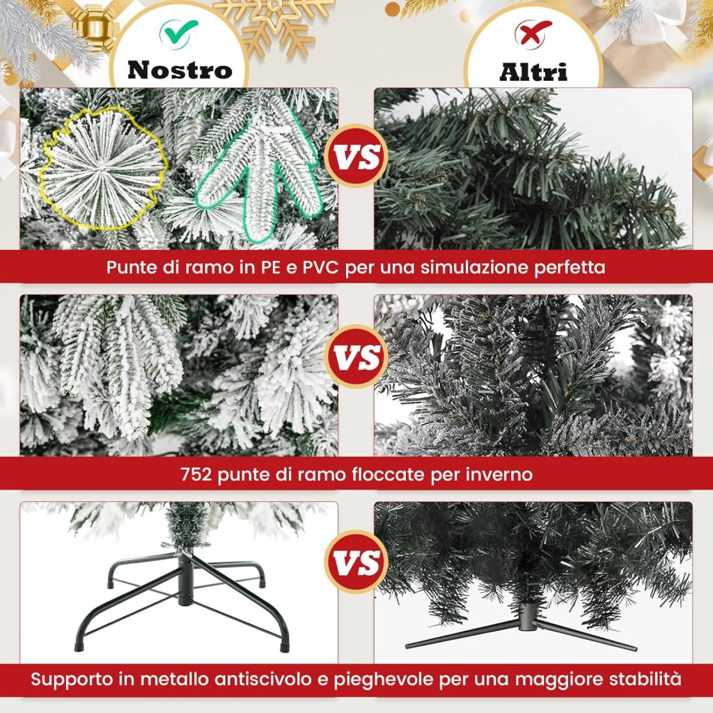 Albero di Natale Innevato136/186 cm, Albero di Natale con 150/250 Luci LED Bianco Caldo, 384/752 Punte di Ramo Miste e Aghi di Pino per Casa e Ufficio (186 cm)