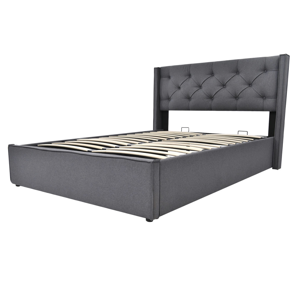 Letto matrimoniale imbottito ULEVR 160x200 cm con contenitore e rete a doghe, cotone grigio