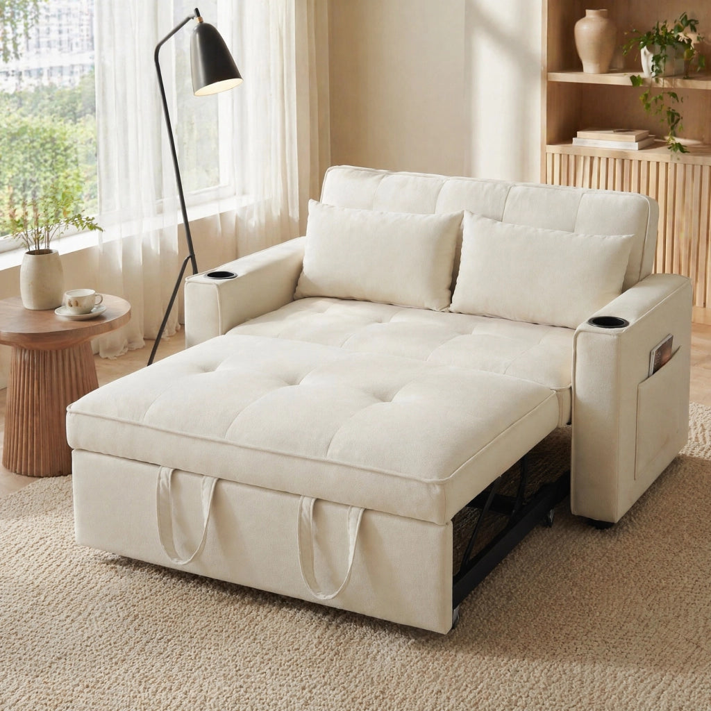 SOFA LETTO 3-in-1 137x76,5x83 cm Velluto Beige con 2 cuscini