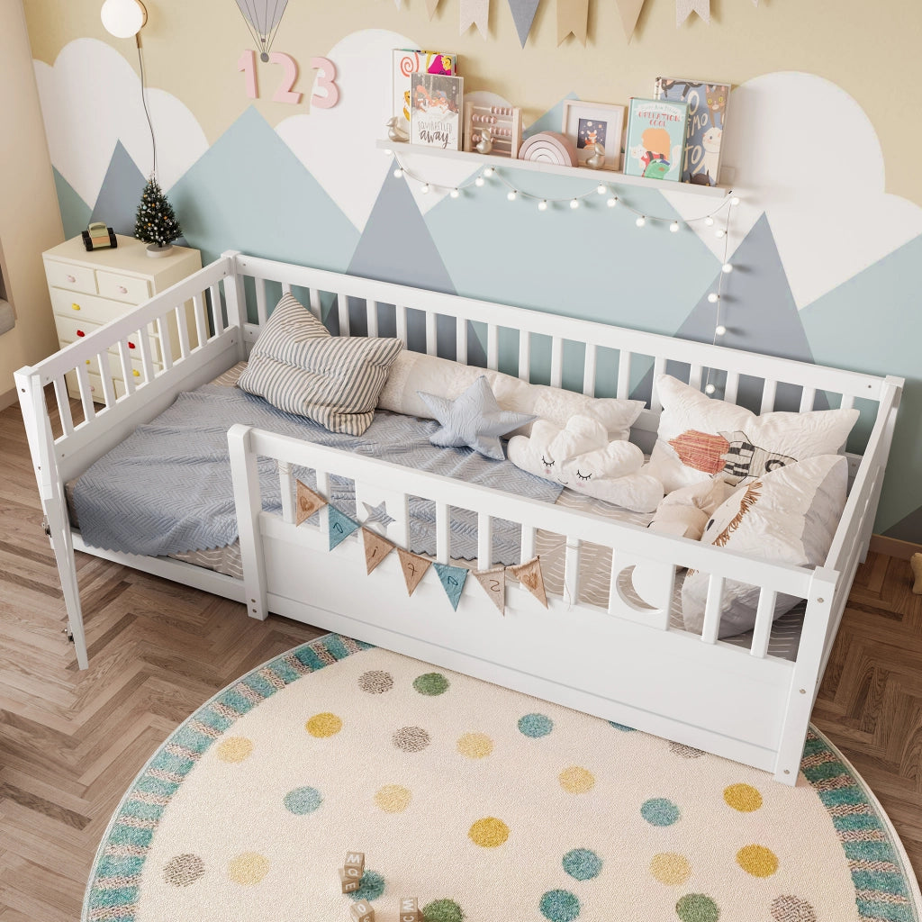 Letto a baldacchino per bambini bianco in pino con rete di sicurezza 90x190 cm