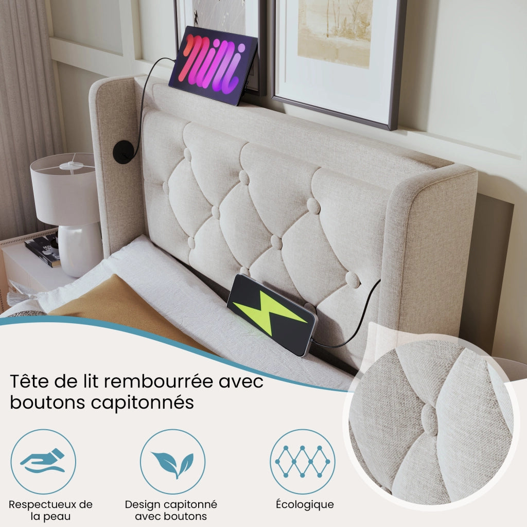 Letto Contenitore Letto Singolo 90x200 cm; USB; Type-C e LED 3 lati; in Cotone Beige
