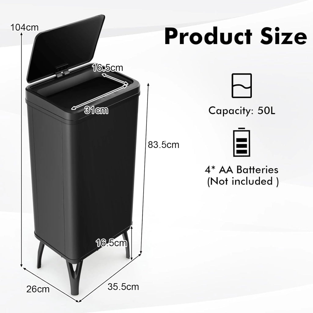 Pattumiera in acciaio inox, pattumiera automatica da 50 l, gambe staccabili, interruttore a induzione intelligente, coperchio silenzioso in ABS, per cucina (nero)