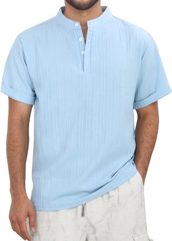 Casual Henley per uomo, maniche corte, col alto, estate, spiaggia, camicia a bottone a manica rigida per vacanza e tempo libero