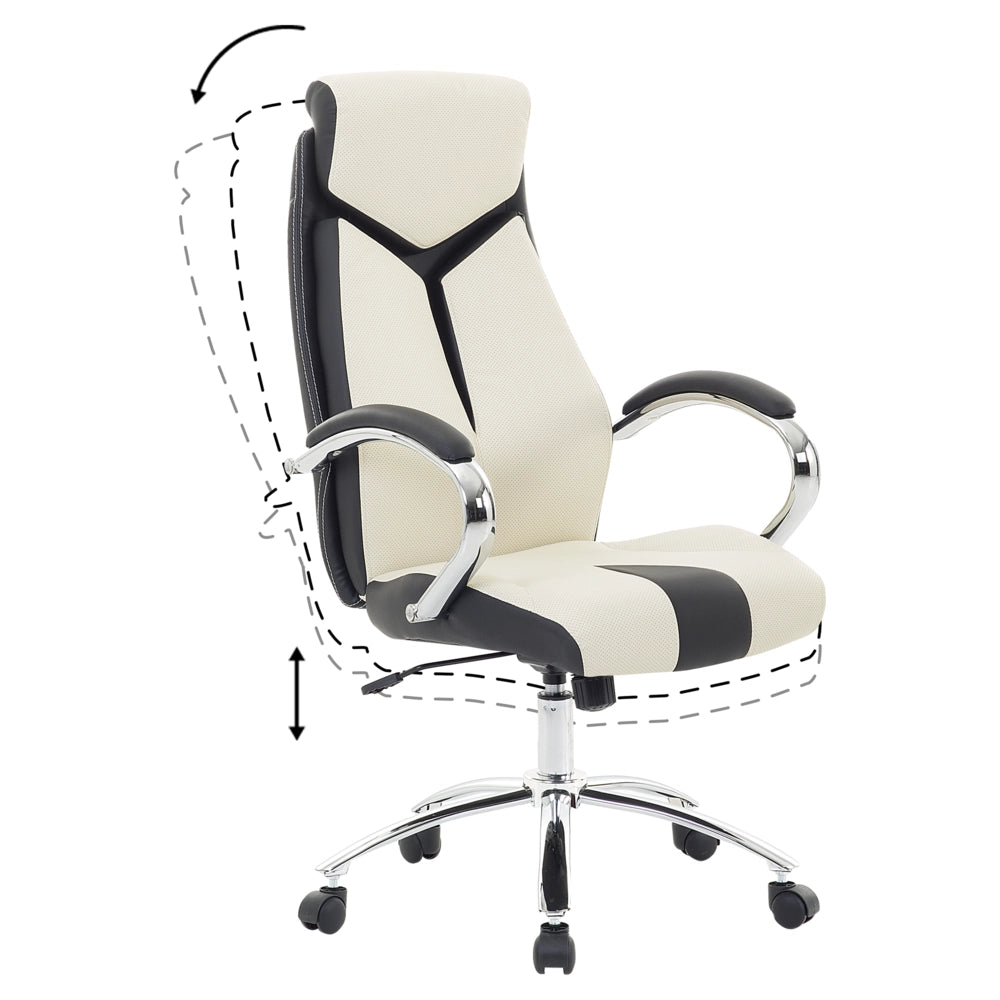 Sedia da ufficio in ecopelle beige e nera con scrivania girevole regolabile per computer