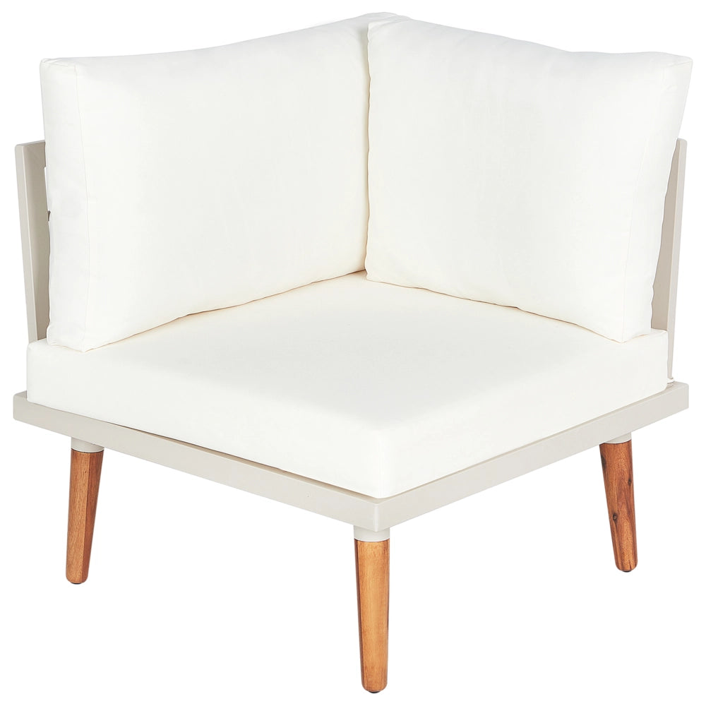 Set da giardino con divano angolare a 5 posti tavolino in legno d'acacia e cuscini bianco sporco esterno stile moderno