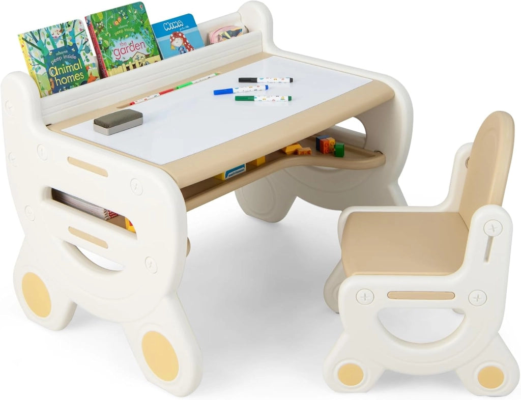 Set Tavolo e sedia per Bambini, Tavolo per Bambini con Sedia, Tavolo da Disegno Cancellabile e Ripiano, per Disegnare, Leggere, Giocare, Ideale per Bambini 3-8 Anni (Brown)