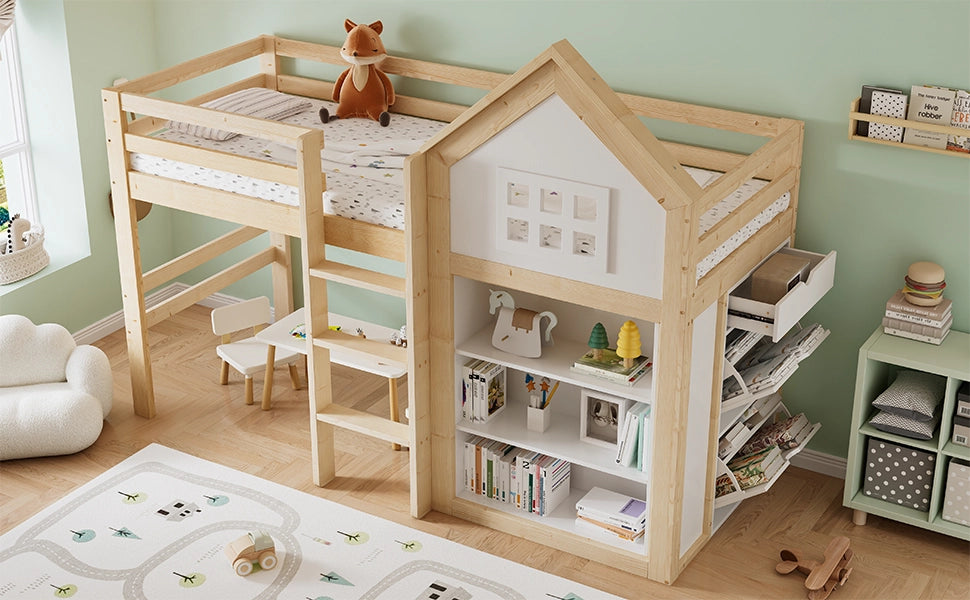 LETTO A CASTELLO per bambini con vani e cassetti 90x200 cm bianco/naturale