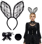 Costume per Halloween con cappuccio con orecchie di coniglio in tessuto nero con collare e code, completo set di costume per Halloween, carnaval, feste tematiche e cosplay