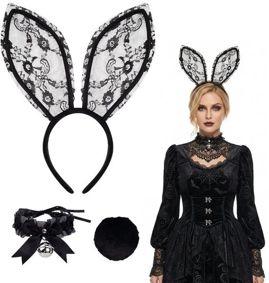 Costume per Halloween con cappuccio con orecchie di coniglio in tessuto nero con collare e code, completo set di costume per Halloween, carnaval, feste tematiche e cosplay