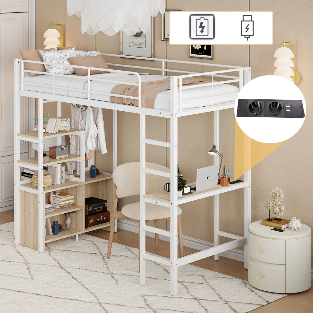 LETTO a soppalco con scrivania 90x200 cm metallo bianco, ripiani aperti