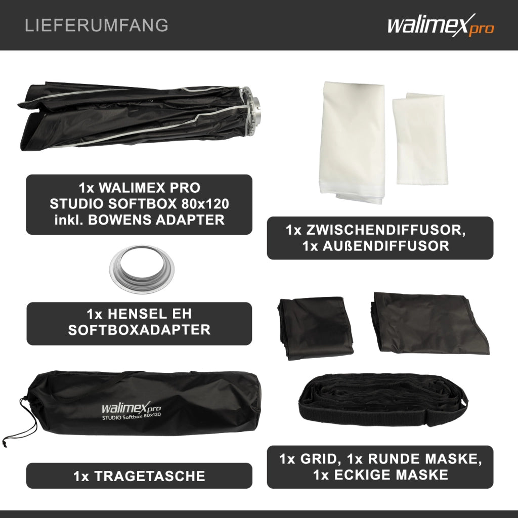 Studio Softbox 80x120cm + adattatore softbox per Hensel Expert, ruotabile a 360°, facile da montare grazie alla funzione ombrello, include griglia, maschere