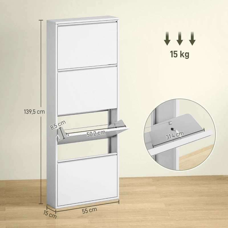 Scarpiera in metallo con 4 ante per 8 paia di scarpe, salvaspazio per ingresso e corridoio, bianco, 55 × 15 × 139,5 cm