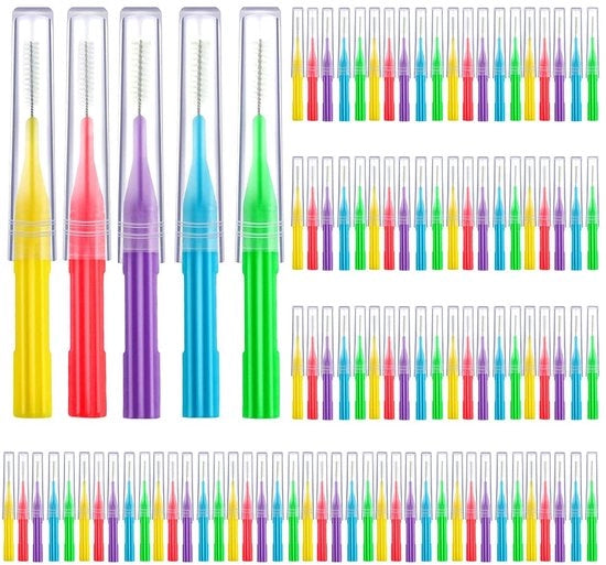 Interdentina Borstello interdentale 100 pezzi - Setole morbide - Manico in acciaio resistente - Kit di pulizia compatta - Utile per igiene orale - Per denti e gengive - Flosser