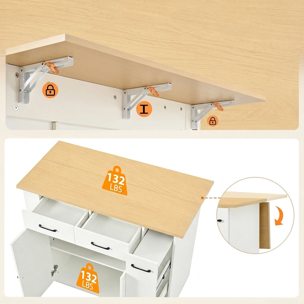 Isola Cucina con Tavolo Estensibile 120×45-75 cm; 2 Sgabelli; Ripiani Regolabili; Cassetti e Prese AC/USB Bianco
