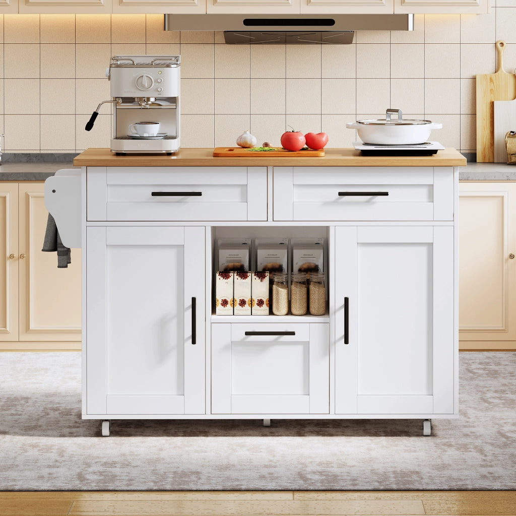 Carrello da Cucina con 1 Anta; 3 Cassetti; Ripiani Regolabili; Vassoio Pieghevole e Portaasciugamani; 120x46x90 cm