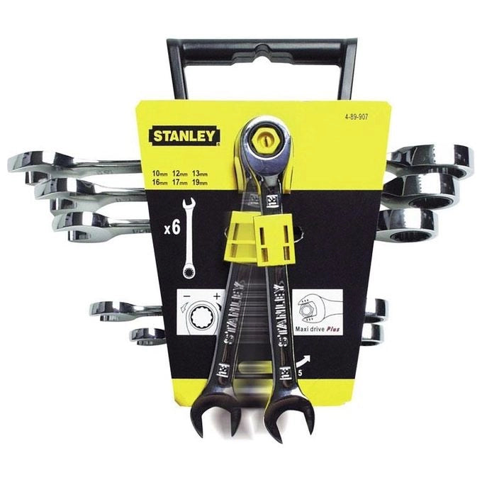 STANLEY 4-89-907 Set 6 Chiavi Combinate a Cricchetto 10 12 13 16 17 19 mm Profilo Maxi Drive Plus Incremento 5° Acciaio Cr-V Finitura Cromata Nichelata colore Nero