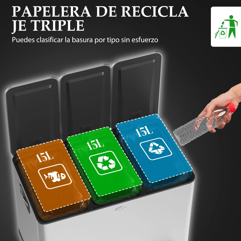 Cestino per rifiuti in acciaio inossidabile con 3 scomparti ¨C zephmum ¨C colore argento