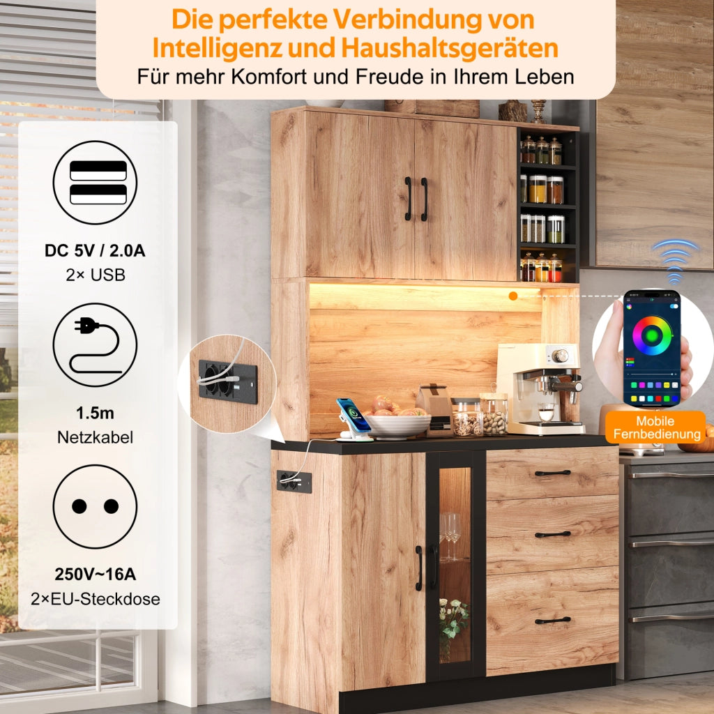 Colonna cucina 105x40x180 cm con LED, prese USB e cassetti