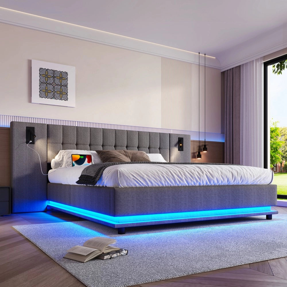 Letto Imbottito Matrimoniale con LED e USB ¨C MINIMAL ¨C Tessuto Grigio 180x200