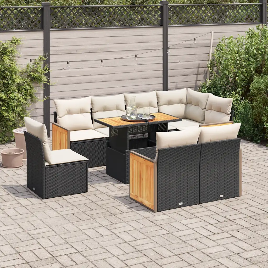Set Divani da Giardino 9 pz con Cuscini Nero Polyrattan Acacia 3327724