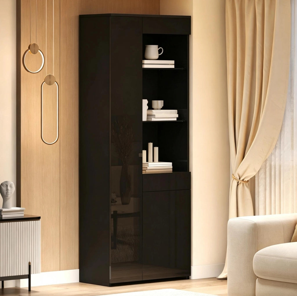 Vetrina nera compatta con LED, ante e cassetto
